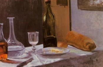 Claude Oscar Monet : Still Life with Bottle, Carafe, Bread and Wine